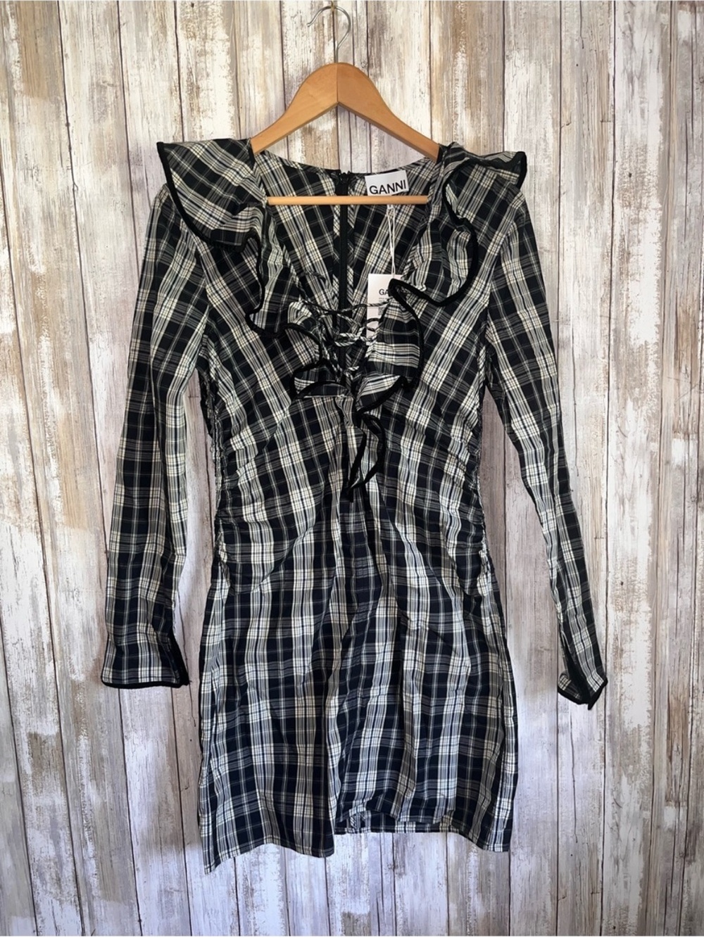 NWT GANNI Black Plaid Ruffle Lace Up Mini Dress Organic Cotton US4 DE36 - Picture 2 of 8